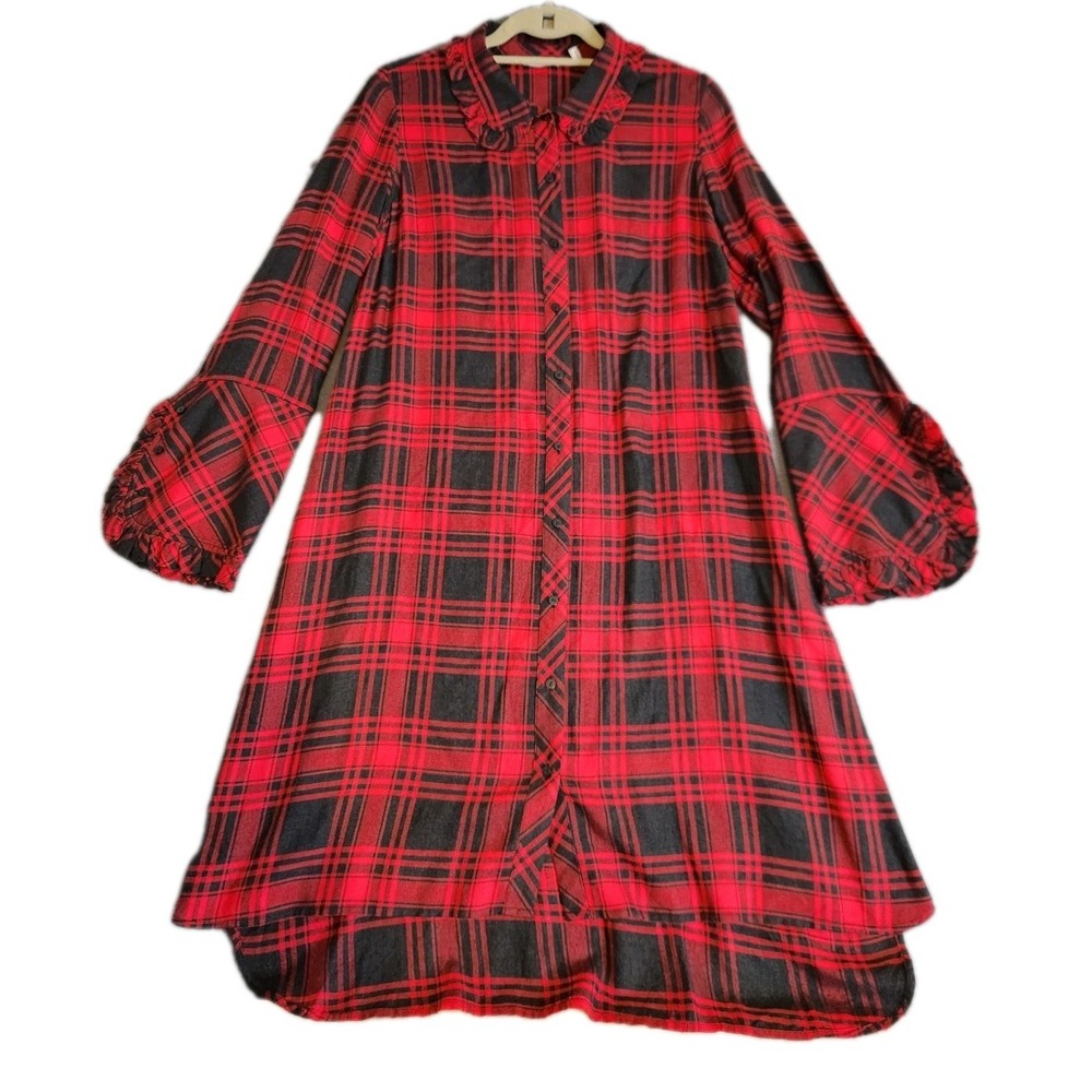 Soft Surroundings Flannel Plaid Shirt Dress Ruffle Trim Pockets Red Black Sz M